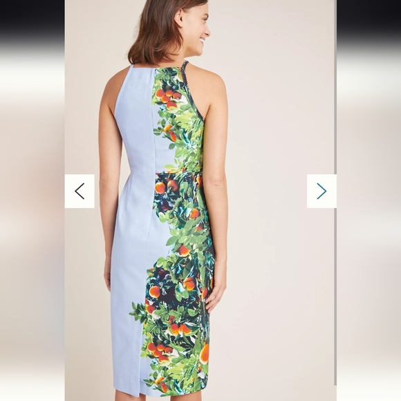 NWT Anthropologie Maeve Orange Bough Blue High Square Neck Pencil Dress, Size 10 - Picture 3 of 6